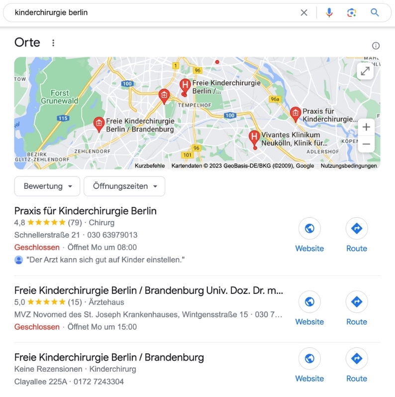 Beispiel Google My Business Eintrag für Kliniken