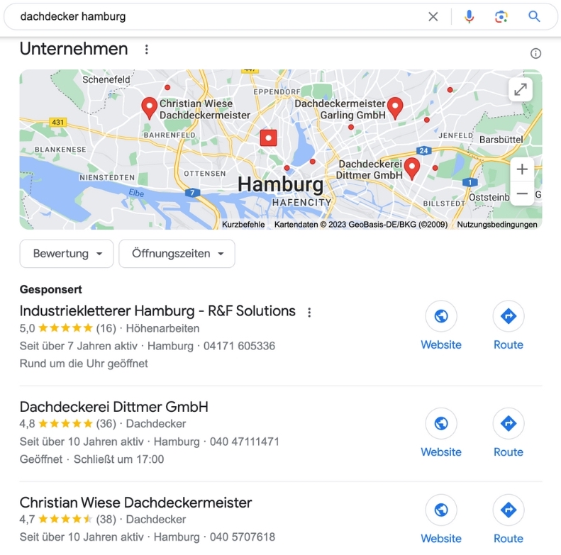Beispiel Google Map Pack für Handwerker in den Google Suchergebnissen