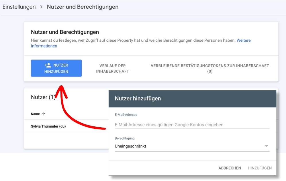 Google Search Console Nutzer hinzufügen und Berechtigung wählen