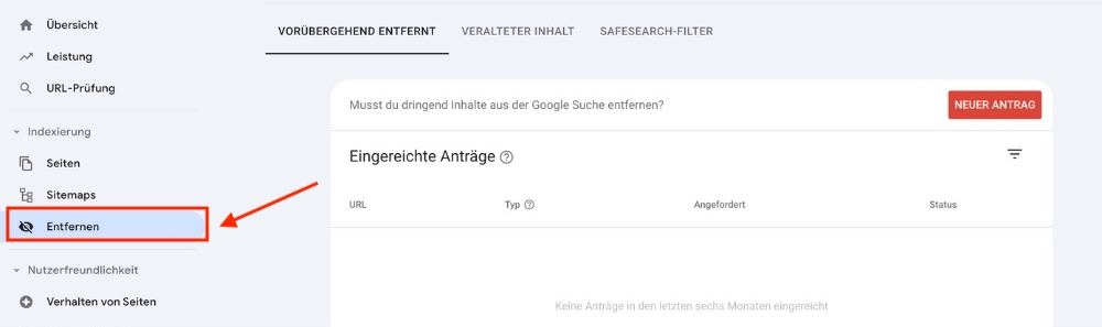 Überprüfung entfernter Seiten in der Google-Search Console.